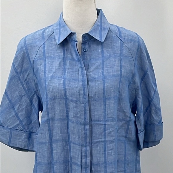 Lafayette 148 Linen & Cotton Blend Plaid Short Sleeve Blouse in Blue -Size Small - Picture 2 of 5